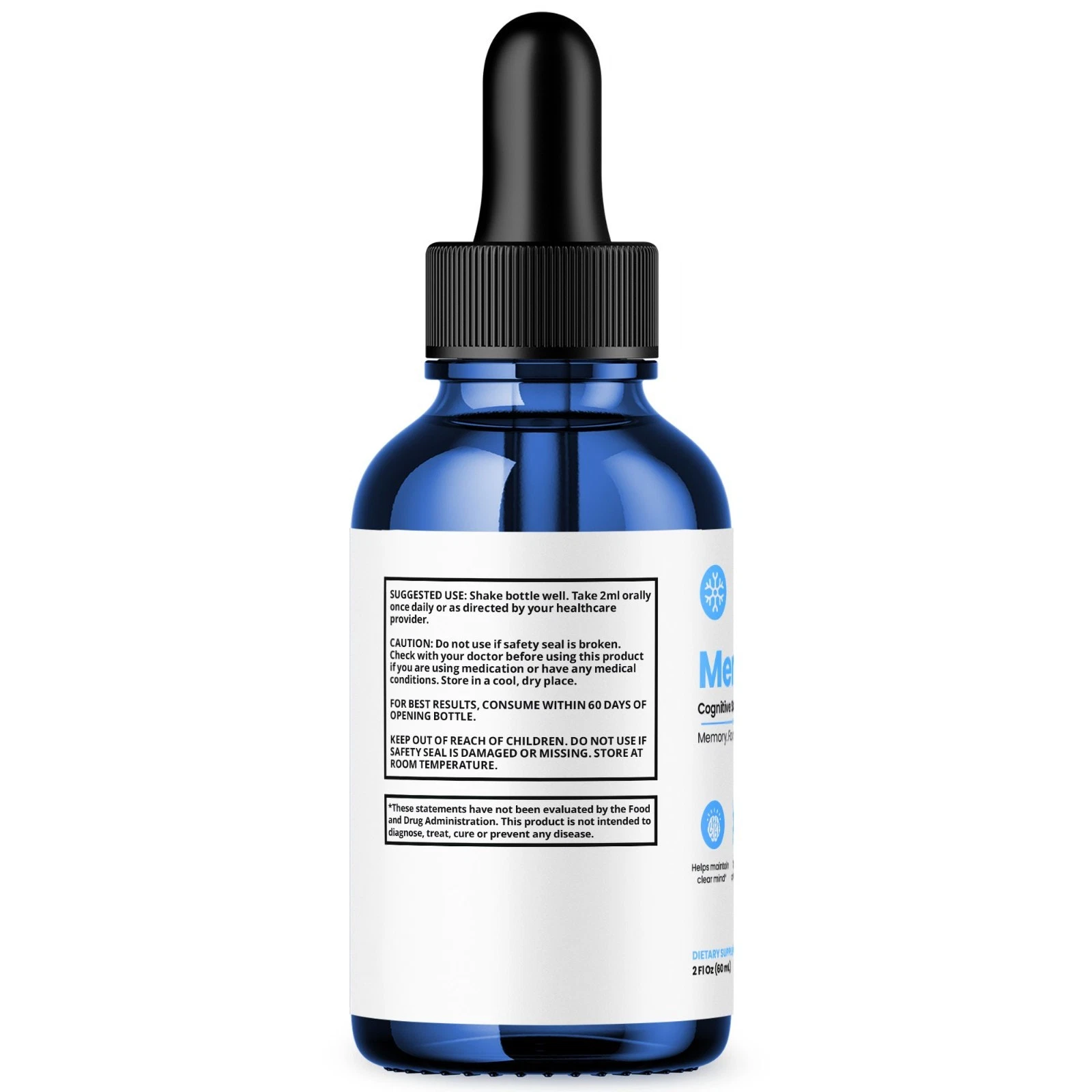 MemoFlow bottle side: suggested use, caution and storage text