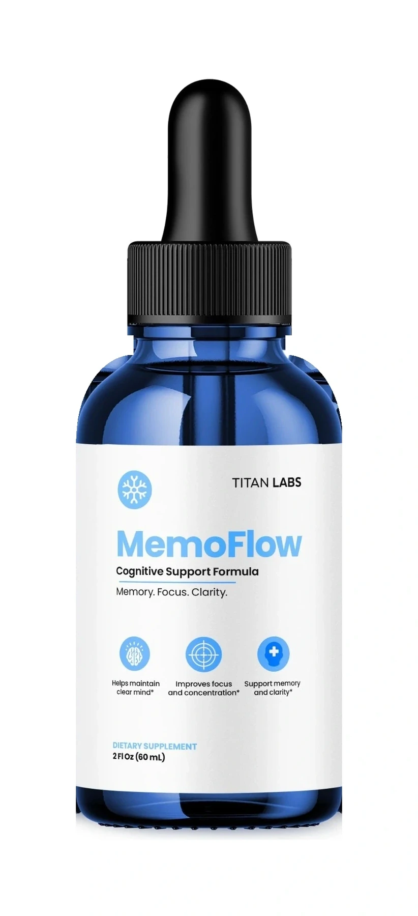 MemoFlow Cognitive Support Formula dropper bottle by Titan Labs: Memory. Focus. Clarity.